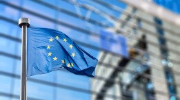 European flag in front of the European Parliament European Union flags in front of the blurred European Parliament in Brussels, Belgium