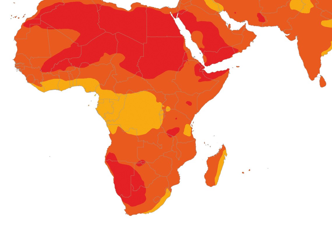 Grafik zeigt die tägliche Sonneneinstrahlung für Afrika in kW/m3/d