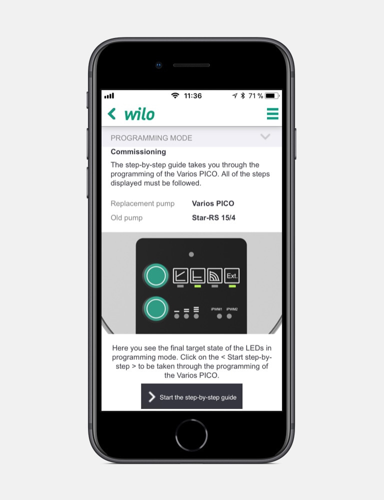 Sync function screen of the Wilo Assistant